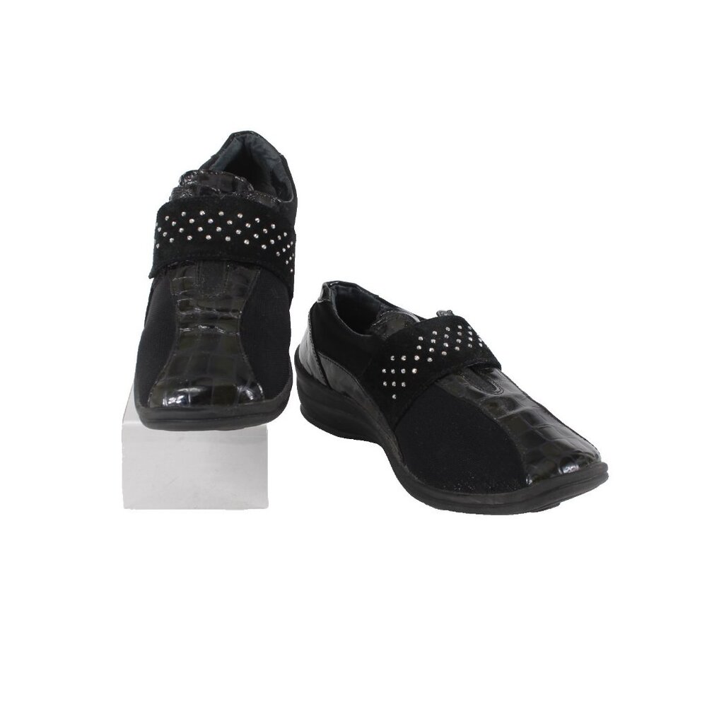 Helle Comfort Shoes Sz 36 Black Croc Embossed Rhinestones Patent Leather Fabric